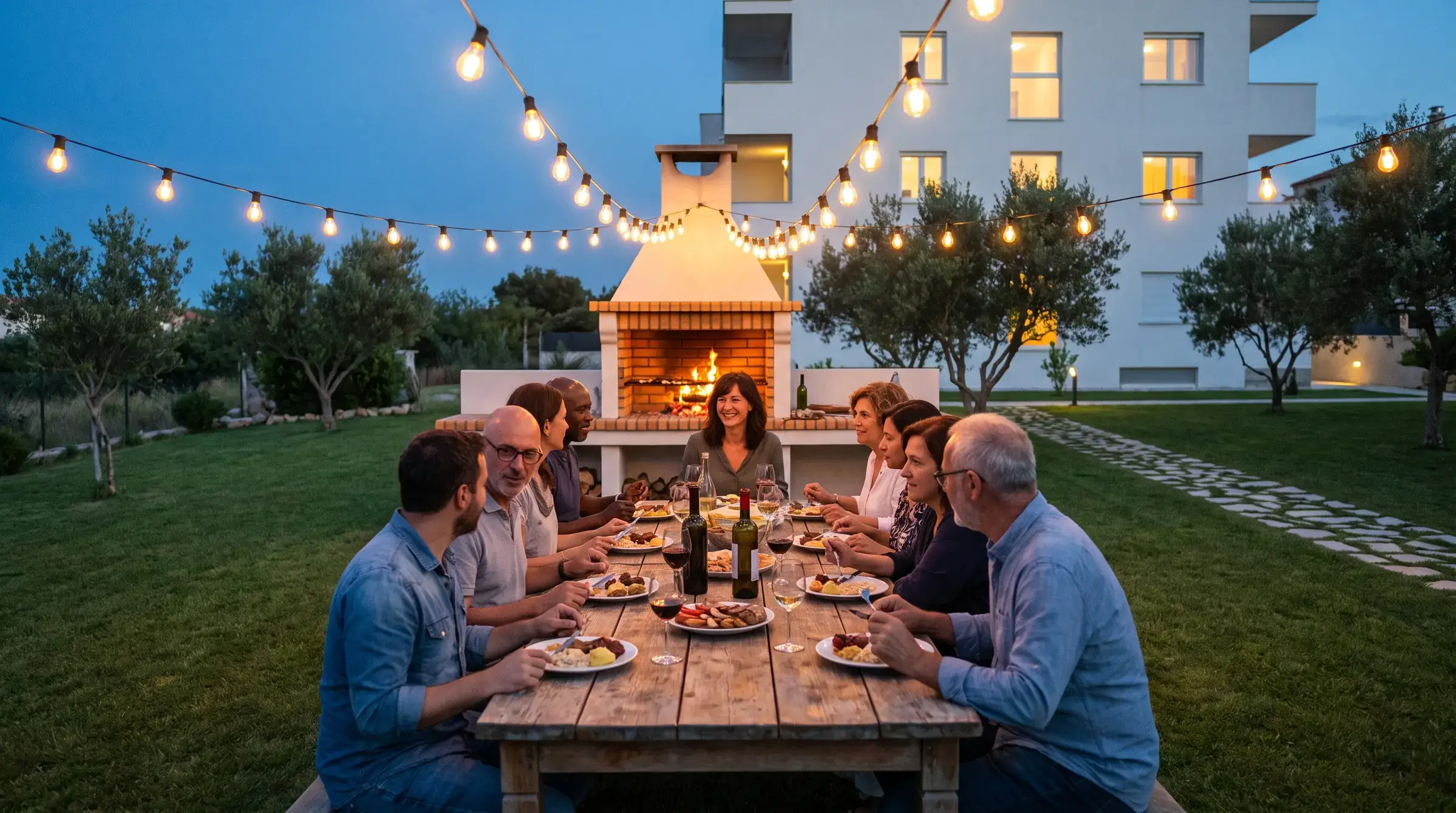 Vecinos cenando juntos en la barbacoa comunitaria al anochecer
