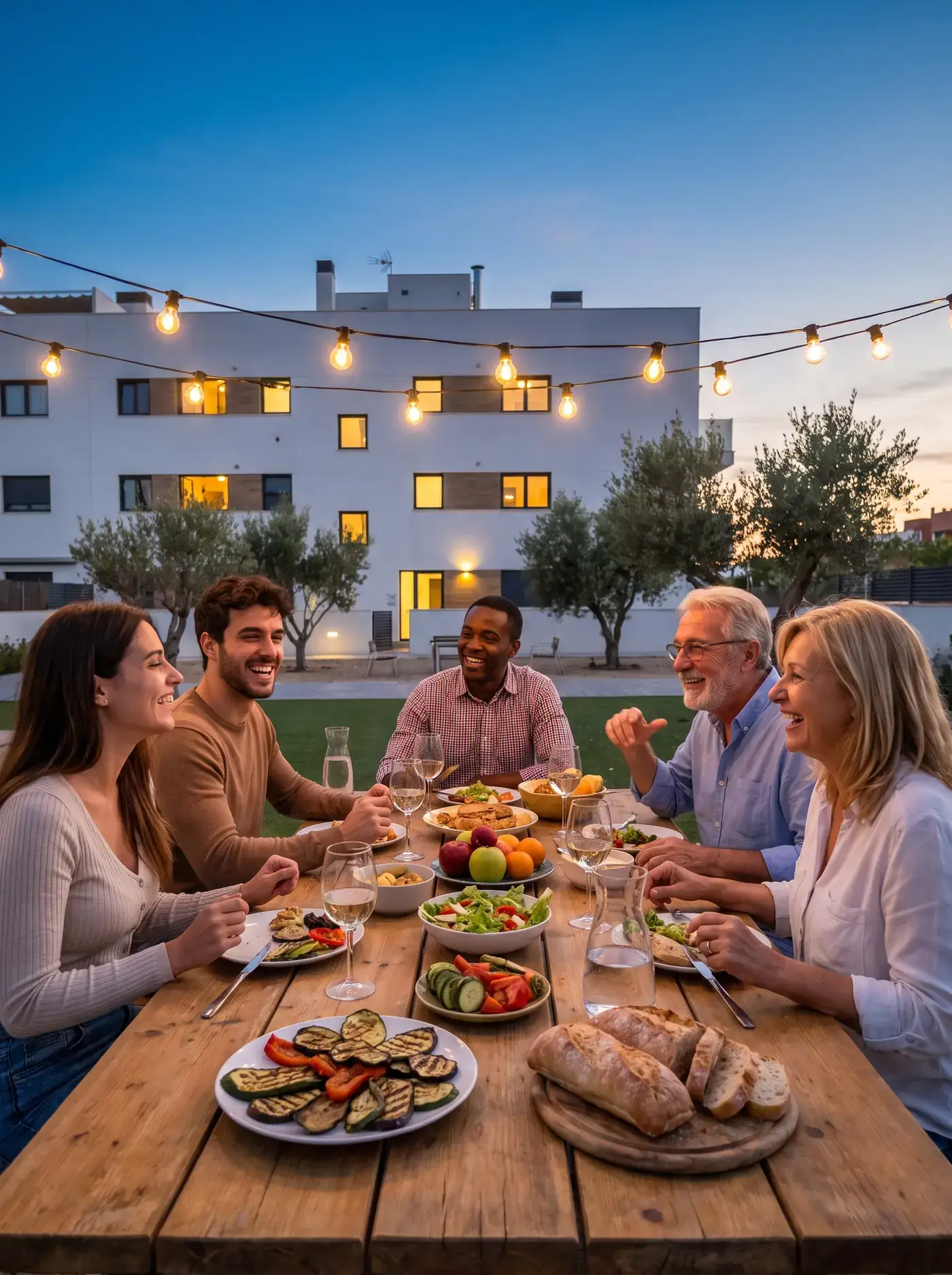 Vecinos cenando juntos bajo guirnaldas de luces en la terraza comunitaria