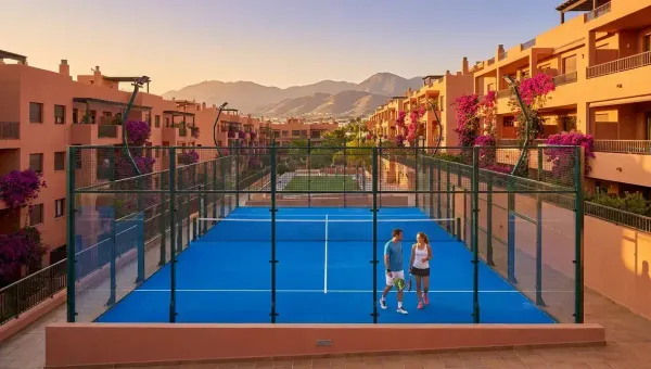 Pista de pádel privada al atardecer rodeada de edificios residenciales con buganvillas y montañas al fondo
