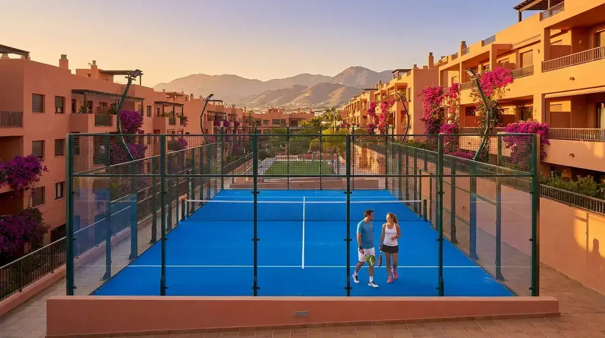 Pista de pádel privada al atardecer rodeada de edificios residenciales con buganvillas y montañas al fondo