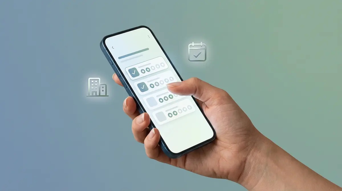 Hand holding a smartphone displaying a community management app interface