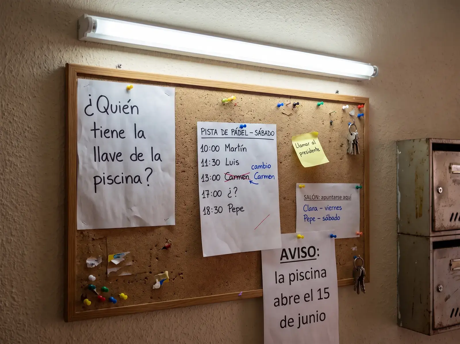 Corcho del portal con el cuadrante de la pista lleno de tachones, avisos escritos a mano y un manojo de llaves