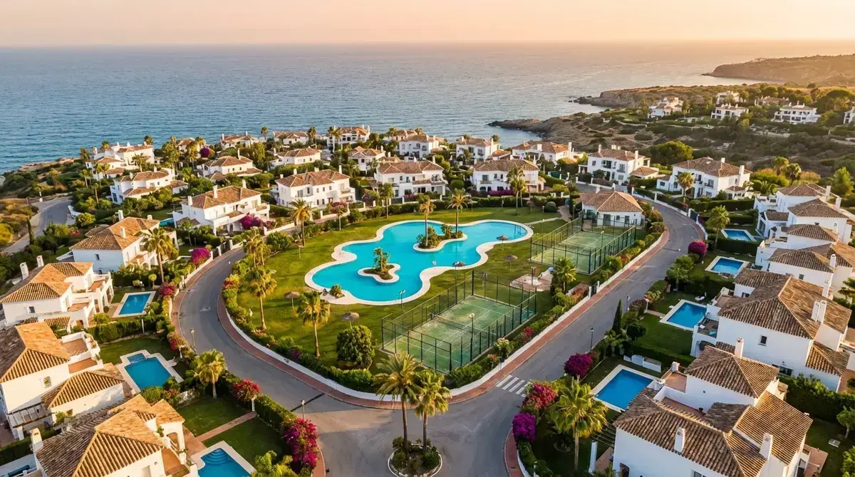Aerial view of a luxury gated residential estate with pool and gardens on the Spanish coast