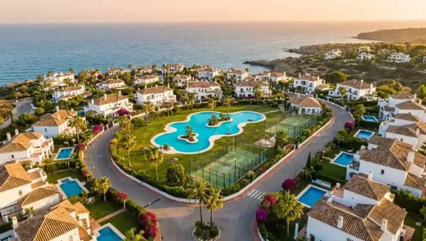 Aerial view of a luxury gated residential estate with pool and gardens on the Spanish coast