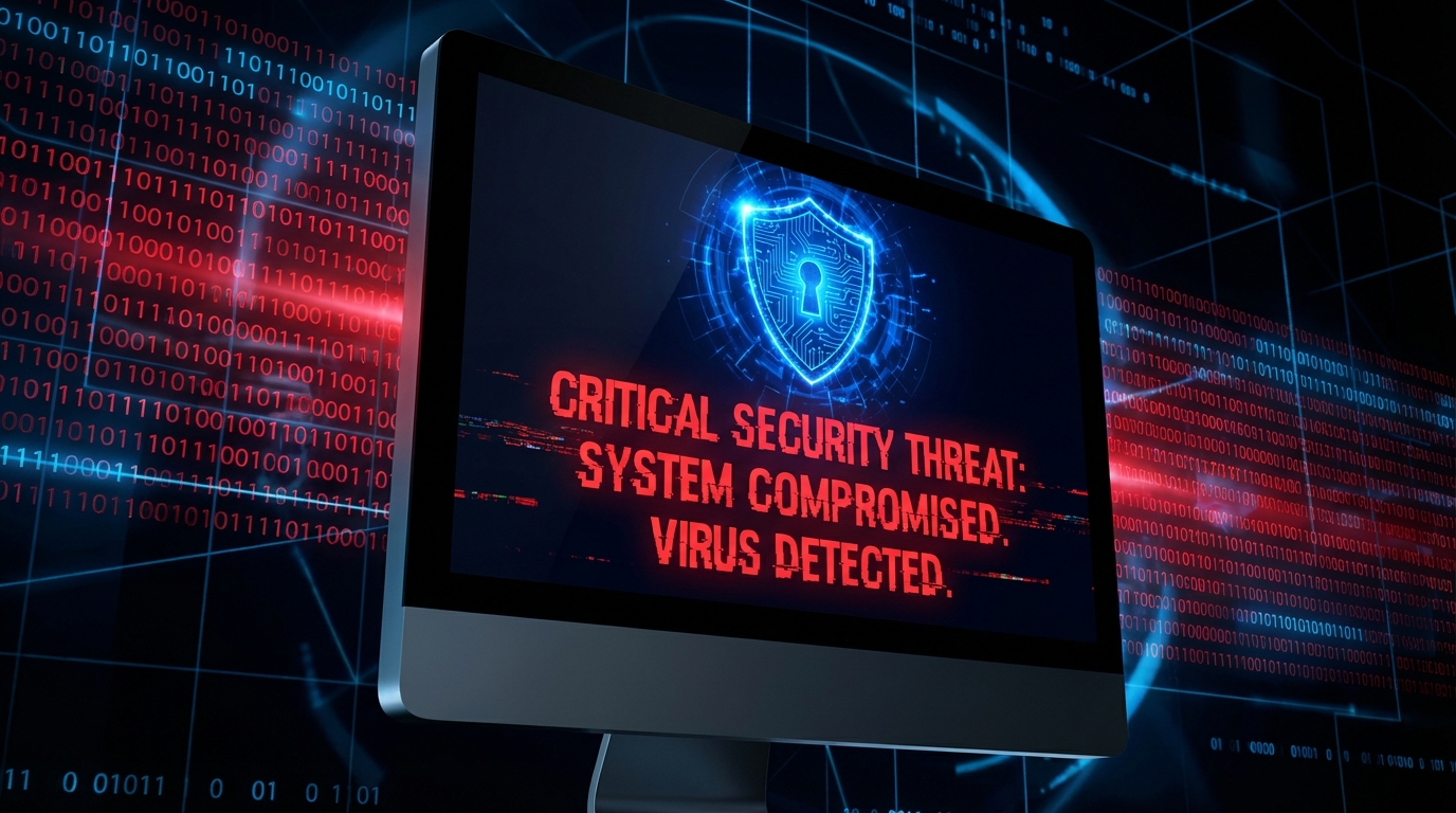 Pantalla de ordenador mostrando una alerta de virus informático y consejos de protección