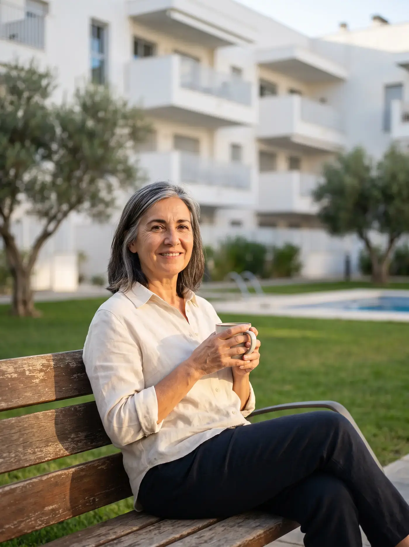 Presidenta de una comunidad sentada en un banco del jardín con un café, tranquila