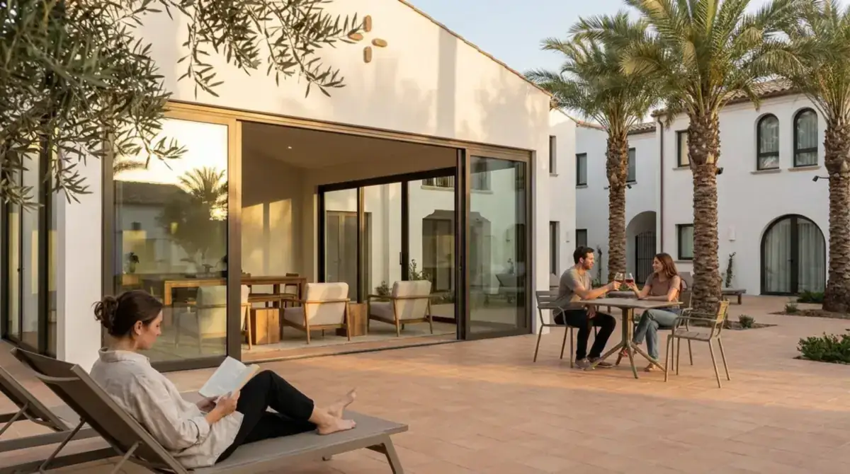 Patio interior de una urbanización española con sala social acristalada, palmeras y vecinos descansando al atardecer