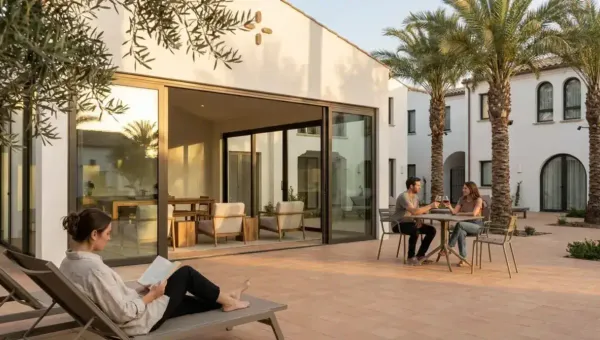 Patio interior de una urbanización española con sala social acristalada, palmeras y vecinos descansando al atardecer
